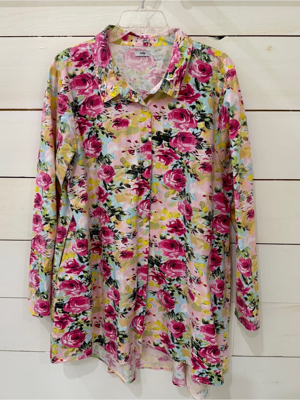 Long-Sleeve Floral Button-Front Tunic in Pink Rose